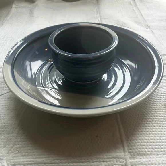 Art Studio Pottery Ceramic Serving Dish with Bowl Chip Dip Appetizer Blue Signed